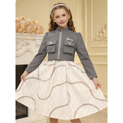 فستان بناتي قطعتين مميز لون سكني