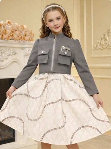 فستان بناتي قطعتين مميز لون سكني