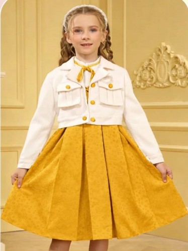 فستان بناتي قطعتين لون اصفر