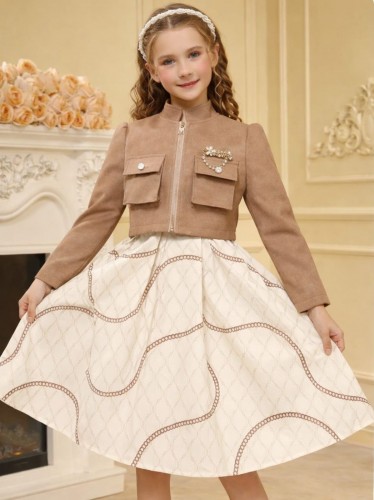 فستان بناتي قطعتين مميز لون بني