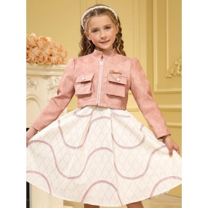 فستان بناتي قطعتين مميز لون زهري وبيج