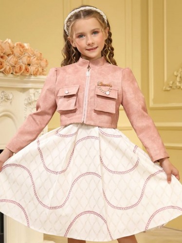 فستان بناتي قطعتين مميز لون زهري وبيج