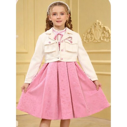 فستان بناتي قطعتين لون زهري وبيج