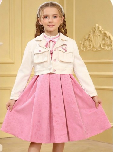 فستان بناتي قطعتين لون زهري وبيج