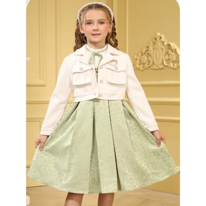 فستان بناتي قطعتين لون اخضر وبيج