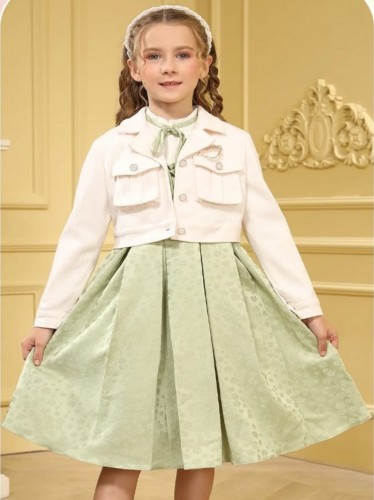 فستان بناتي قطعتين لون اخضر وبيج