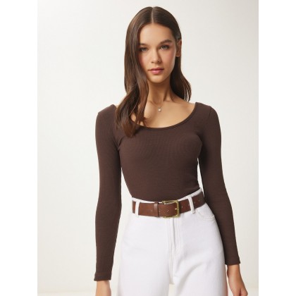 بلوز ستاتي بأكمام طويلة لون بني