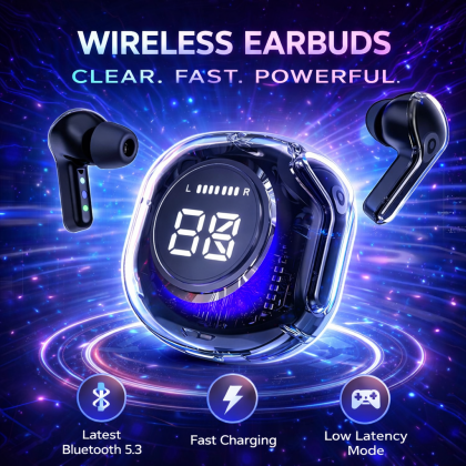 سماعة ايربود بلوتوث لاسلكية شاشة رقمية شفافة واضاءة led