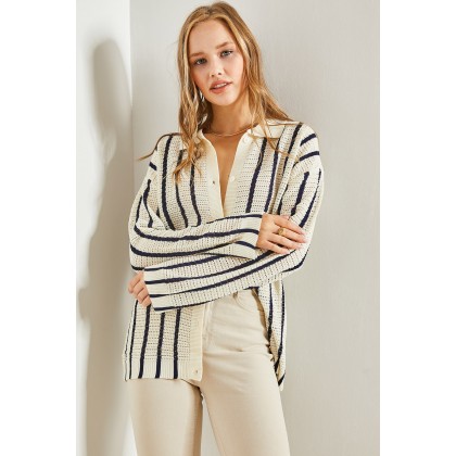 قميص ستاتي مخطط بيج وكحلي