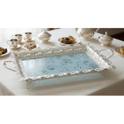 صينية بيوتر مستطيل مع زجاج مورد