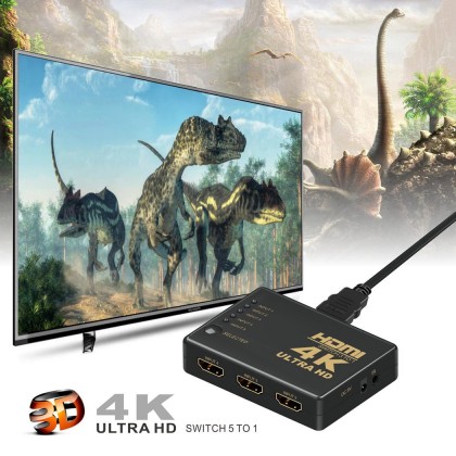 موزع HDMI بدقة 4K ذو 5 منافذ مع جهاز تحكم عن بعد بالأشعة تحت الحمراء لأجهزة HD بدقة 1080 بكسل
