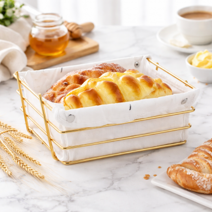 سلة خبز مربعة معدن ذهبي مع قماش