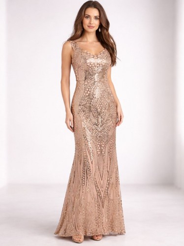 فستان سهرة ستاتي سترس لامع حفر لون ذهبي