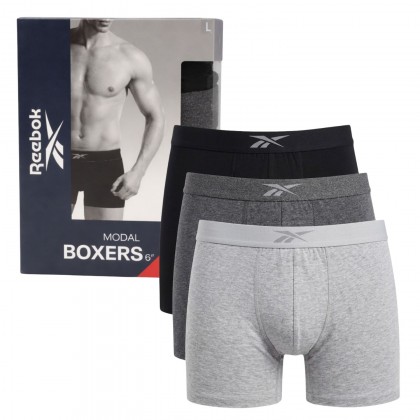 Reebok Mens' Boxers 6' (3 Pack)- Black and Grey and Silver