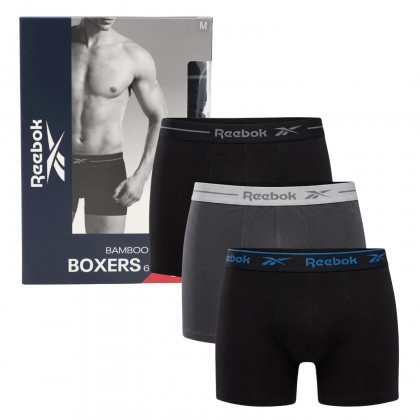 Reebok Mens' Boxers 6' (3 Pack)- Black and Grey