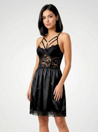 قميص لانجري قصير قطعة واحدة نسائي لون أسود