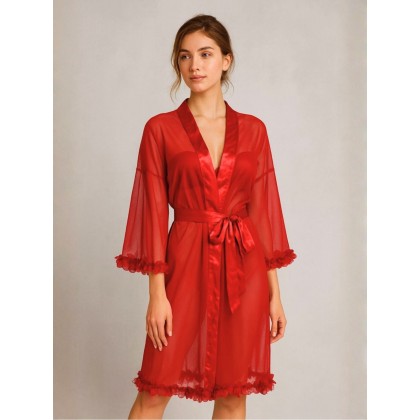 قميص لانجري قصير مع روب نسائي لون أحمر