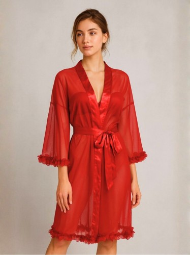 قميص لانجري قصير مع روب نسائي لون أحمر