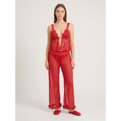 لانجري شفاف قطعتين توب وبنطلون نسائي لون أحمر