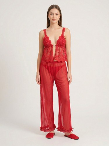 لانجري شفاف قطعتين توب وبنطلون نسائي لون أحمر