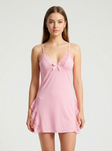 قميص لانجري قصير قطعة واحدة نسائي لون زهري بارد