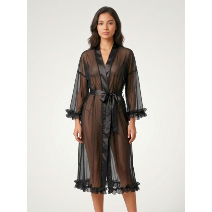 قميص لانجري مع روب للنساء لون أسود