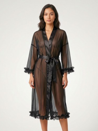 قميص لانجري مع روب للنساء لون أسود