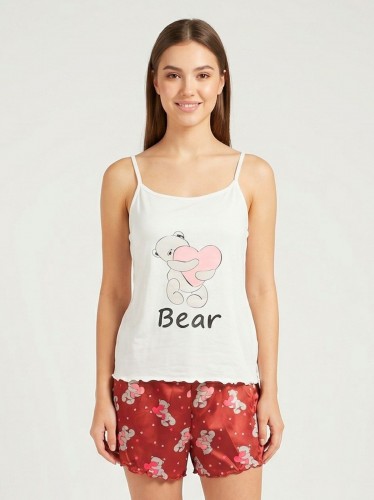 لانجري قطعتين توب وشورت بتصميم دب لون أبيض وأحمر