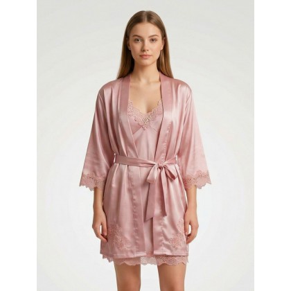 قميص لانجري مع روب وحزام وسط للنساء لون زهري بارد