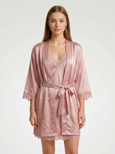 قميص لانجري مع روب وحزام وسط للنساء لون زهري بارد