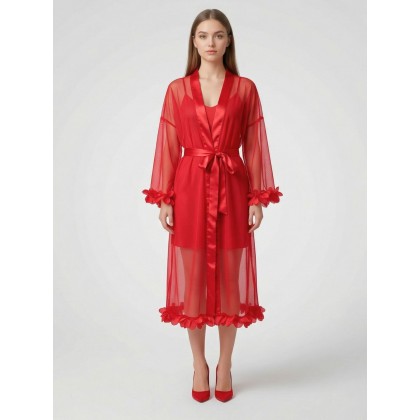 قميص لانجري مع روب وحزام وسط للنساء لون أحمر