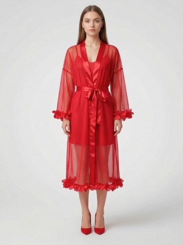 قميص لانجري مع روب وحزام وسط للنساء لون أحمر