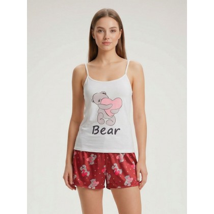 بجامة ستاتي تصميم دب لون ابيض وأحمر