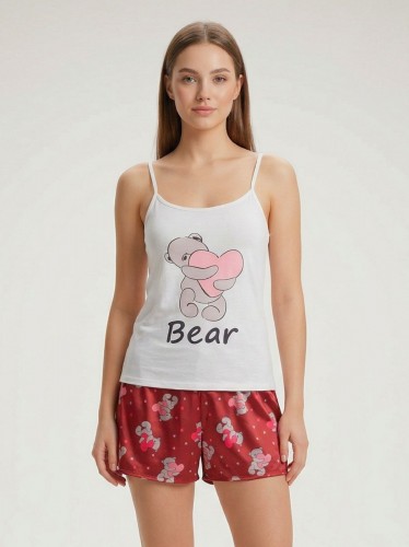 بجامة ستاتي تصميم دب لون ابيض وأحمر