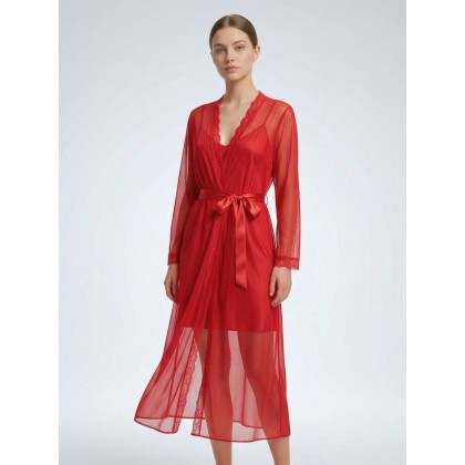 قميص لانجري قصير مع روب نسائي لون أحمر