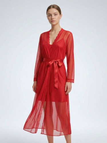 قميص لانجري قصير مع روب نسائي لون أحمر