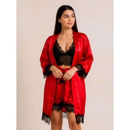 قميص لانجري مع روب للنساء لون أحمر