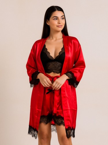 قميص لانجري مع روب للنساء لون أحمر