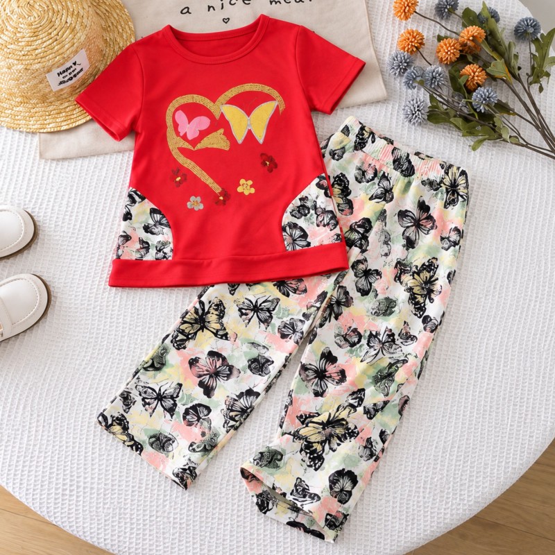 بجامة بناتي قطعتين صيفي لون أحمر