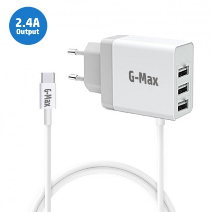 شاحن سريع مع ثلاث مخارج USB 2.4أمبير و كيبل Type C
